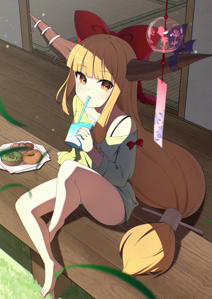 1girl alternate_costume barefoot blonde_hair blunt_bangs blush bottomless bow brown_eyes brown_horns closed_mouth donut drinking drinking_straw drinking_straw_in_mouth food french_cruller full_body grass green_shirt hair_bow highres horn_bow horn_ornament horns ibuki_suika long_hair long_sleeves looking_at_viewer low-tied_long_hair matcha_(food) napkin oeyama outdoors oversized_clothes oversized_shirt pon_de_ring porch purple_bow red_bow shirt sidelocks sitting smile solo tatami toenails touhou very_long_hair wind_chime