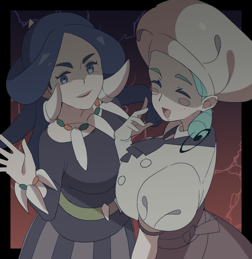 2girls :d =_(9_yawbus) apron black_hair blush_stickers brown_apron brown_skirt closed_eyes commentary_request drasna_(pokemon) false_smile gloves green_hair grey_eyes hand_up hat highres jewelry katy_(pokemon) long_hair mole mole_on_cheek multiple_girls necklace nintendo open_mouth pokemon pokemon_sv pokemon_xy puffy_sleeves shaded_face shirt short_sleeves skirt smile teeth tongue upper_teeth_only waist_apron