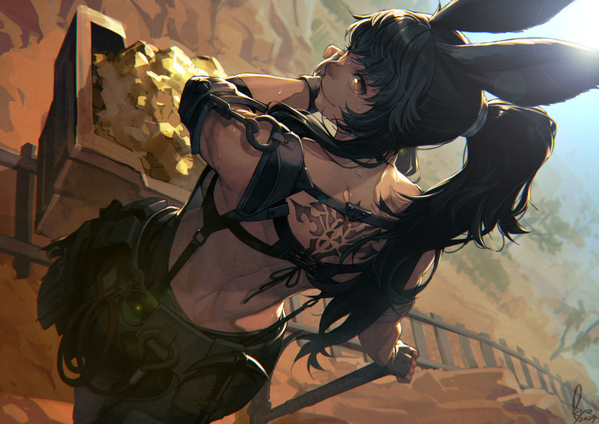 1girl absurdres animal_ears back_tattoo bare_shoulders black_hair brown_eyes commentary_request dark-skinned_female dark_skin dutch_angle final_fantasy final_fantasy_xiv from_above garter_straps gold highres holding holding_pickaxe kyo_(kuroichigo) long_hair minecart mining outdoors pickaxe ponytail rabbit_ears rabbit_girl railroad_tracks signature sky smile solo tattoo trembling viera warrior_of_light_(ff14) wiping_face