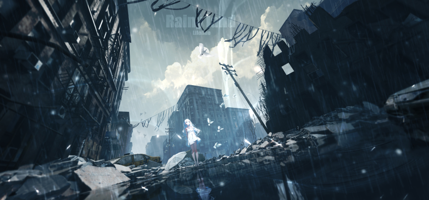1girl absurdres arms_behind_back bird blue_eyes building commentary_request dress highres jewelry lifeline_(a384079959) long_hair looking_up motor_vehicle necklace original outdoors puddle rain rubble scenery solo standing taxi umbrella utility_pole water white_dress white_hair white_umbrella wide_shot