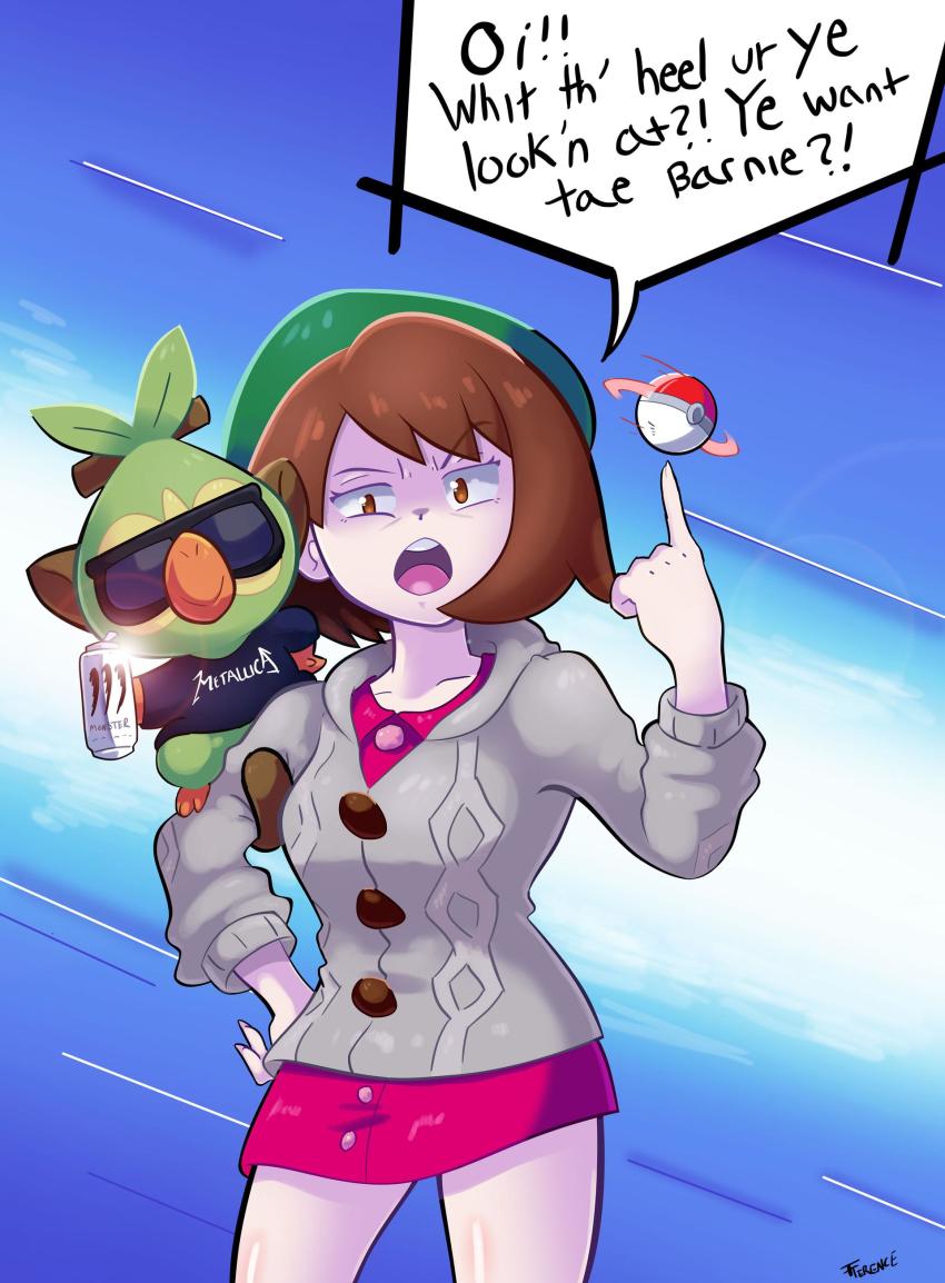 1girl absurdres angry artist_name blue_background brown_eyes brown_hair can child collarbone dress female_focus finger_up fingernails gen_8_pokemon gloria_(pokemon) gradient_background grey_jacket grookey hand_on_own_hip hat highres jacket legs looking_at_viewer metallica monster_energy neck nintendo open_mouth pink_dress pokemon pokemon_(creature) pokemon_swsh scottish_english_text short_hair standing sunglasses tam_o&#039;_shanter text_focus