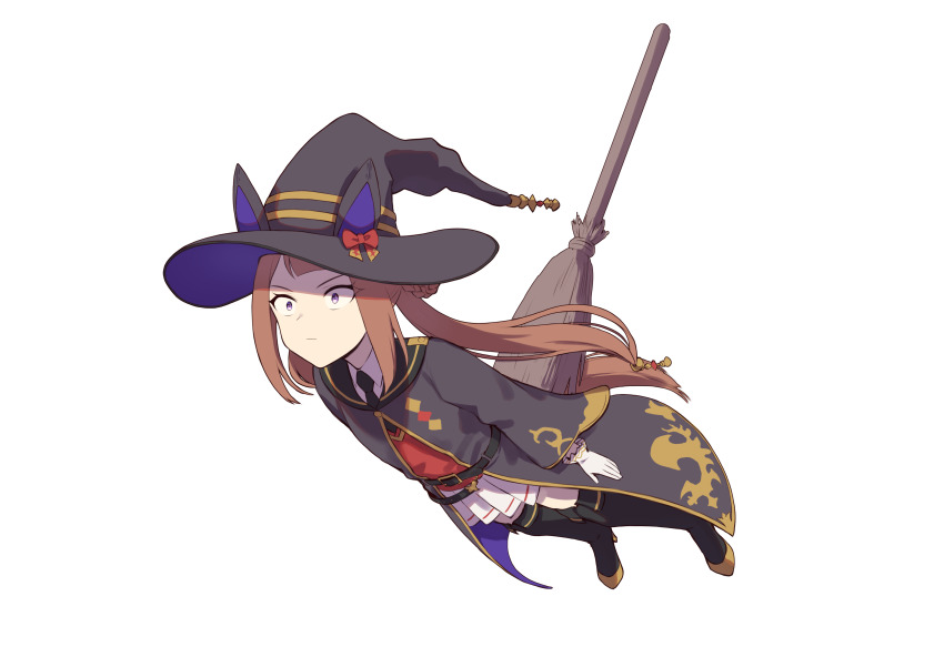 1girl absurdres animal_ears black_boots black_necktie black_robe boots braid braided_hair_rings broom brown_hair collared_shirt flying full_body hair_rings hat highres horse_ears horse_girl horse_tail long_hair motsunabe_(mo2nap3) necktie pleated_skirt red_sweater robe role_reversal shirt simple_background skirt solo sweater sweater_vest sweep_tosho_(umamusume) tail umamusume white_background white_shirt white_skirt witch_hat you&#039;re_doing_it_wrong
