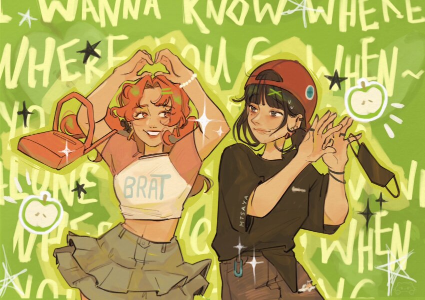 2girls apple arms_up backwards_hat bag baseball_cap black_eyes black_hair black_nails black_shirt blunt_bangs bracelet brown_pants carabiner closed_mouth clothes_writing commentary cowboy_shot cropped_shirt dani_(khukhoy) ear_piercing earrings english_commentary english_text food fruit green_apple green_background grey_skirt grin hair_ornament handbag hands_up hat heart heart_hands highres holding holding_mask hoop_earrings jewelry kininatteru_hito_ga_otoko_ja_nakatta koga_mitsuki layered_skirt long_hair looking_at_another mask midriff mouth_mask multiple_girls multiple_rings oosawa_aya orange_eyes orange_hair pants pearl_bracelet piercing print_shirt ring shirt shirt_partially_tucked_in short_hair short_sleeves skirt smile sparkle star_(symbol) sweat t-shirt text_background tomboy unworn_mask x_hair_ornament
