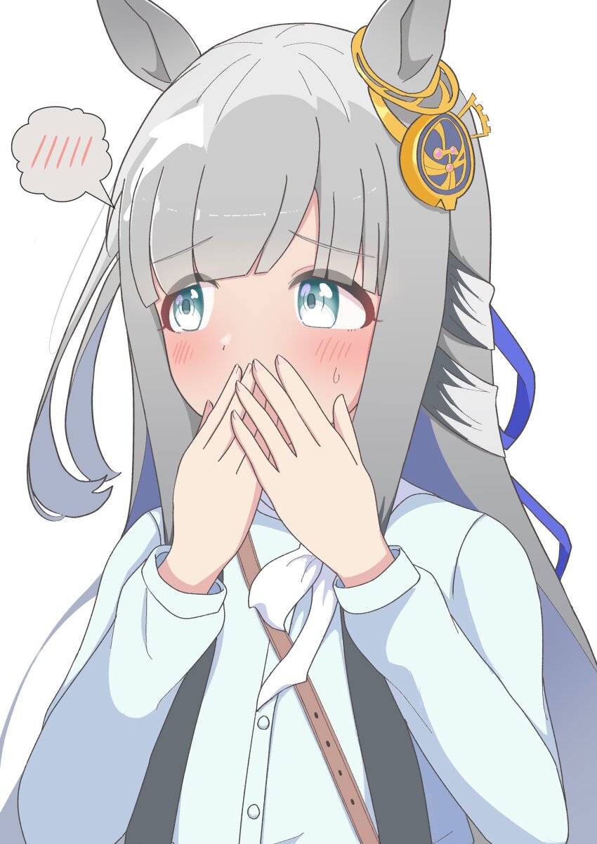 1girl absurdres animal_ears blue_eyes blunt_bangs blush casual chrono_genesis_(umamusume) commentary_request covering_own_mouth embarrassed grey_hair hair_between_eyes hair_ornament hard7v2 highres horse_girl portrait solo sweat sweatdrop umamusume white_background