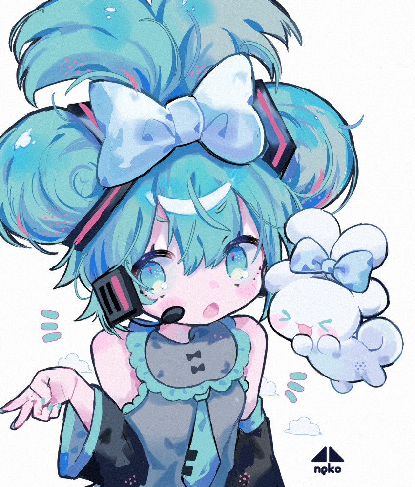 &gt;_&lt; 1girl aqua_eyes aqua_hair aqua_nails artist_logo artist_name blue_bow blue_nails blush bow cinnamiku cinnamoroll closed_eyes cloud collar commentary_request cotono_(nazekun) detached_sleeves ear_bow fingernails frilled_collar frilled_shirt frills fuwa_fuwa_cinnamoroll hair_between_eyes hair_bow hatsune_miku headset highres logo long_fingernails microphone nail_polish necktie open_mouth sanrio shirt tied_ears updo v vocaloid white_background