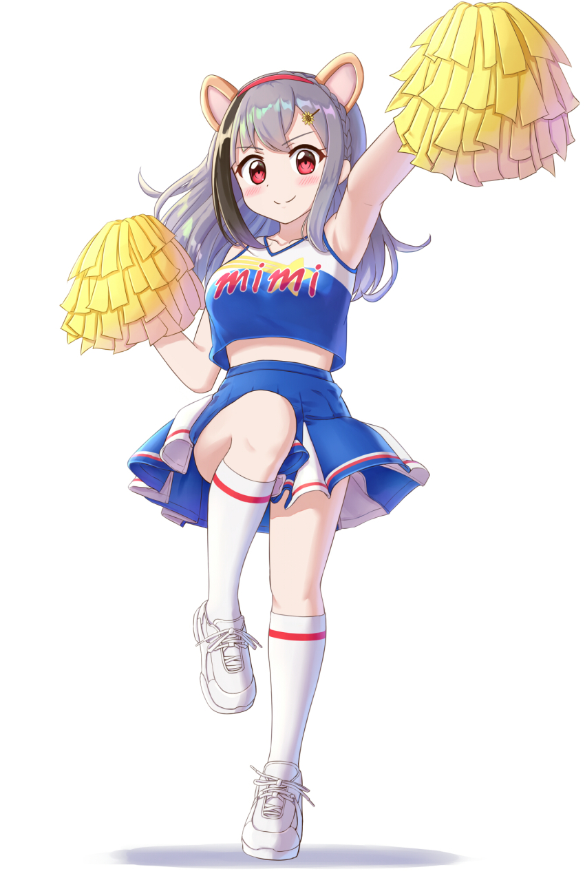 1girl animal_ears arm_up black_hair blue_skirt blush braid breasts cheerleader full_body grey_hair hair_ornament hairband hamster_ears highres indie_virtual_youtuber kirara_mimi kneehighs lilium443 medium_hair multicolored_hair pom_pom_(cheerleading) red_eyes red_hairband shoes simple_background skirt smile socks solo split_mouth standing standing_on_one_leg streaked_hair thighs v-shaped_eyebrows virtual_youtuber white_background white_shoes white_socks