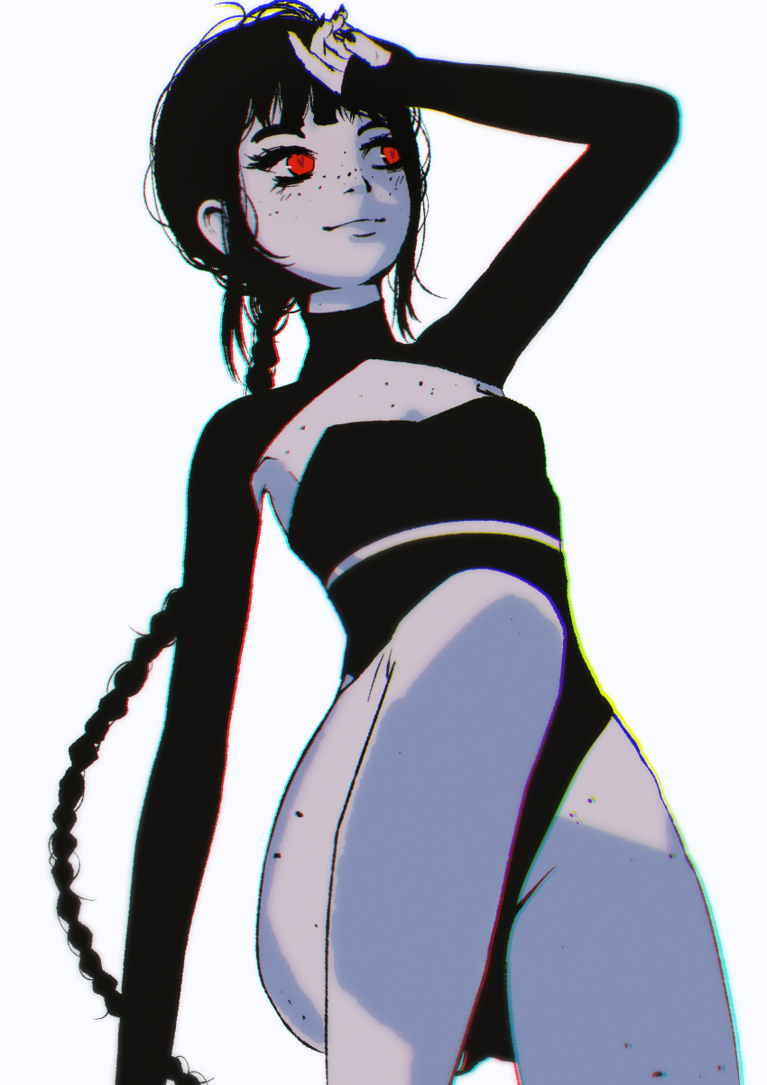 1girl absurdly_long_hair black_bra black_gloves black_hair black_leotard body_freckles bra braid closed_mouth fingernails freckles gloves hand_up highres lena_miaou leotard long_fingernails long_hair looking_at_viewer original palgan_gaguri profile red_eyes sharp_fingernails shrug_(clothing) sideways_glance smile solo strapless strapless_bra turtleneck underwear very_long_hair