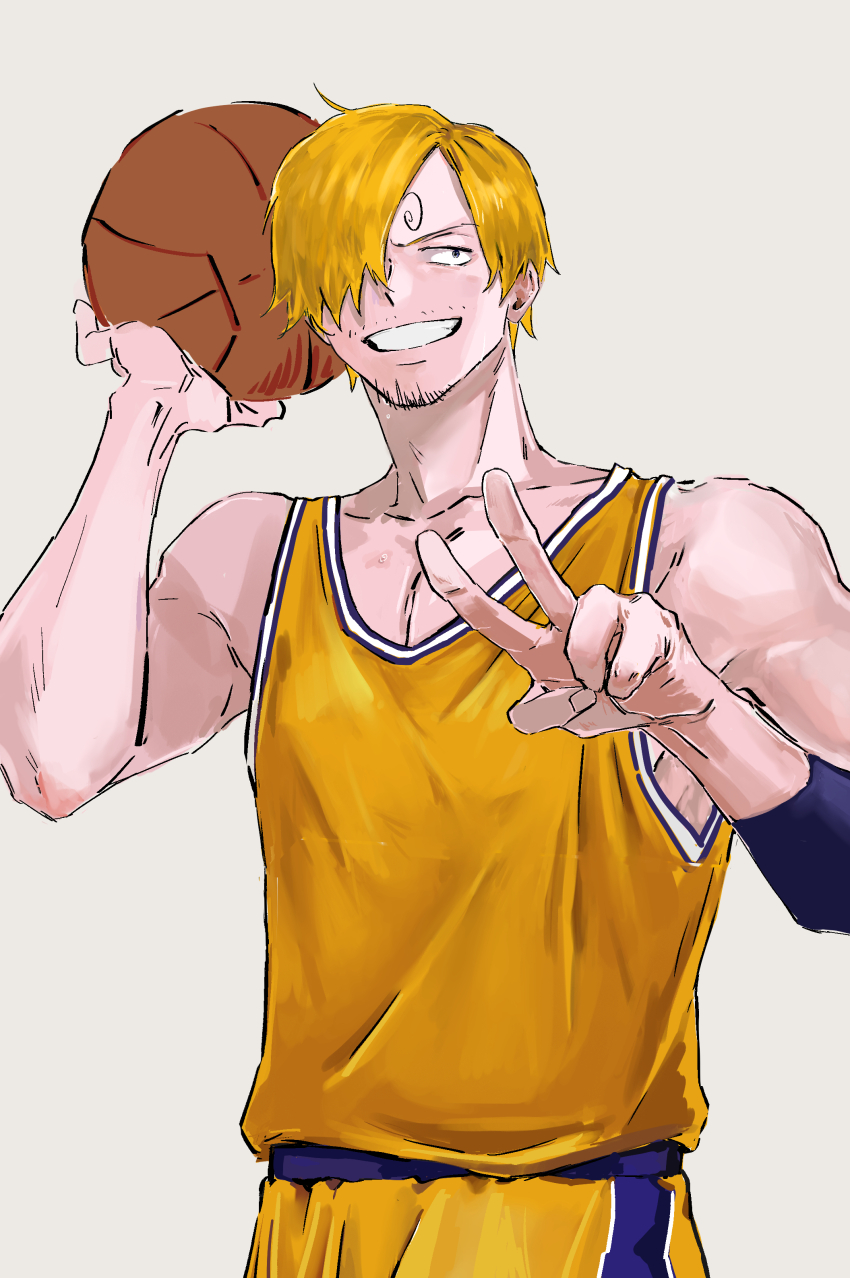 1boy absurdres ball basketball_uniform blonde_hair highres holding holding_ball los_angeles_lakers male_focus nine_hundred one_piece sanji_(one_piece) sketch smile solo sportswear v