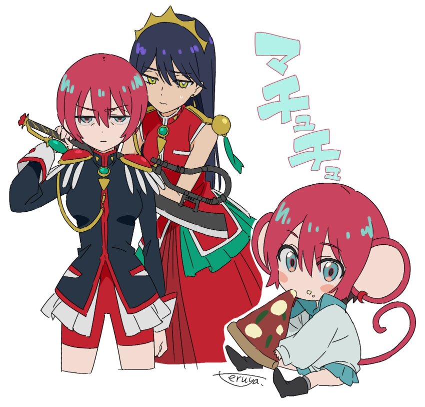 2girls amate_yuzuriha animal_ears armor artist_name black_hair black_jacket blazer breasts closed_mouth commentary_request cosplay cropped_legs dress eating food green_eyes gundam gundam_gquuuuuux hair_between_eyes highres himemiya_anthy himemiya_anthy_(cosplay) holding holding_food holding_sword holding_weapon jacket jewelry light_frown long_hair long_sleeves looking_at_viewer monkey_ears monkey_girl multiple_girls necklace nyaan_(gundam_gquuuuuux) pauldrons red_dress red_hair red_shorts red_tail short_hair shorts shoulder_armor simple_background small_breasts small_sweatdrop sword tenjou_utena tenjou_utena_(cosplay) teruya_(6w6y) v-shaped_eyebrows wavy_mouth weapon white_background yellow_eyes