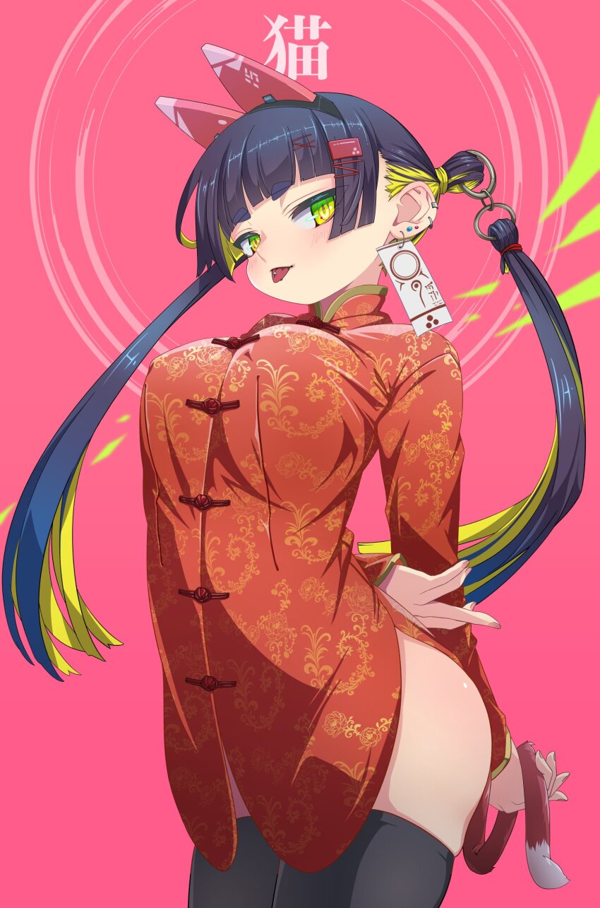 1girl :p absurdres animal_ears black_hair black_thighhighs blonde_hair blush breasts cat_ears cat_girl cat_tail chinese_clothes ear_piercing earrings green_eyes hair_ornament hairclip highres jewelry large_breasts long_hair looking_at_viewer multicolored_hair ofuda_earrings original piercing shibata_ico solo tail tangzhuang thighhighs tongue tongue_out tongue_piercing twintails two-tone_hair
