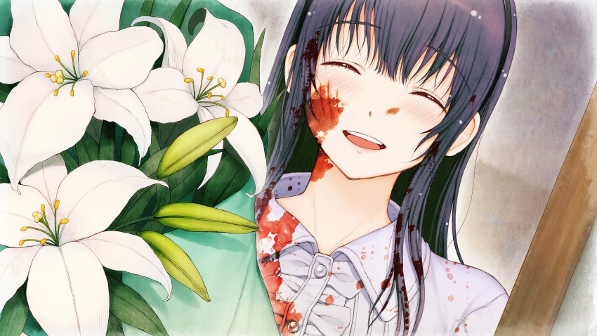1girl ^_^ black_hair black_hairband blood blood_in_hair blood_on_clothes blood_on_face blood_on_neck blood_stain bouquet closed_eyes collared_dress dress flower game_cg hair_between_eyes hairband highres holding holding_bouquet kimi_to_kanojo_to_kanojo_no_koi. light_blush lily_(flower) long_hair official_art open_mouth scratches smile sone_miyuki teeth tsuji_santa upper_teeth_only white_dress white_flower white_lily