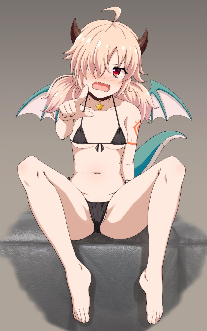 1girl bikini blush breasts dragon_girl dragon_horns highres horns inori_(princess_connect!) ishida_seito looking_at_viewer princess_connect! red_eyes small_breasts swimsuit