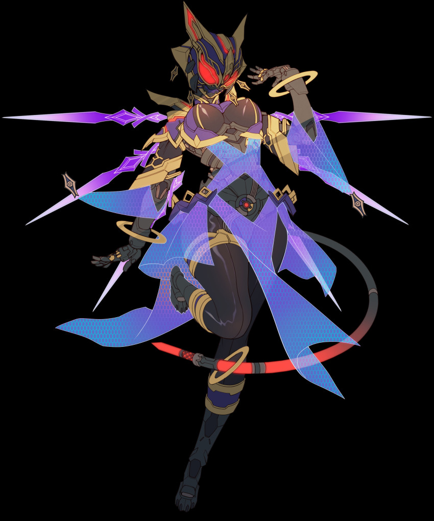 1girl absurdres armor black_bodysuit black_gloves blue_armor blue_sleeves bodysuit breasts cat_tail catball1994 contrapposto rider_belt fangs fantasy_buckle fingernails gloves glowing glowing_eyes gold_trim highres horns id_core incoming_attack kamen_rider kamen_rider_geats_(series) kamen_rider_na-go legs_together looking_at_viewer magic magician medium_breasts open_hands raise_buckle rider_belt tail tokusatsu yellow_eyes