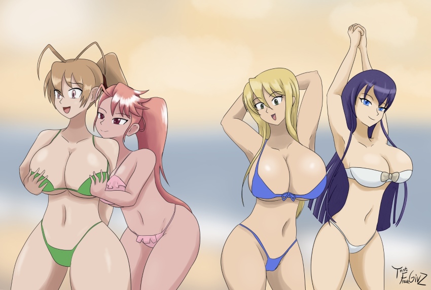 4girls artist_name artist_request background-color beach bikini blonde_hair breasts busujima_saeko crossover grabbing_another&#039;s_breast groping highres highschool_of_the_dead huge_breasts marikawa_shizuka miyamoto_rei multiple_girls orange_hair pink_hair purple_hair swimsuit takagi_saya thatfreakgivz third-party_edit yuri