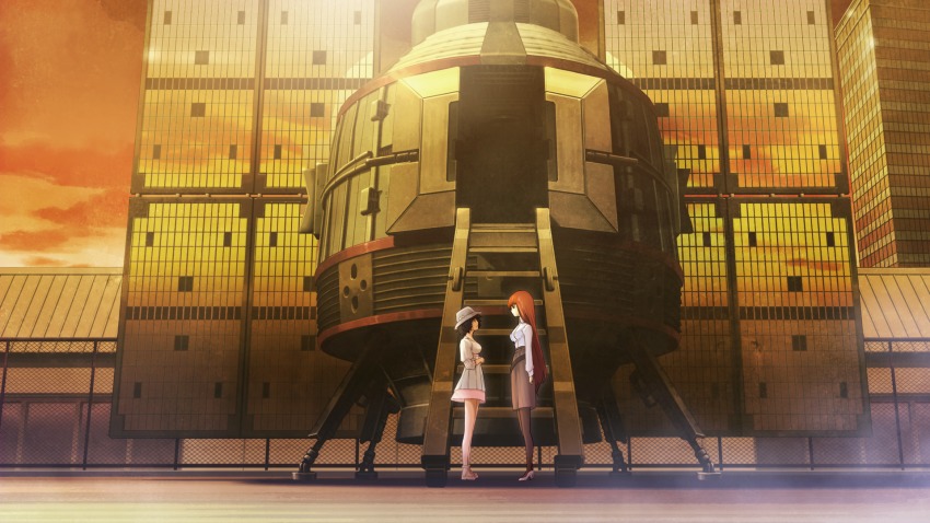 2girls black_hair brown_hair brown_legwear brown_skirt eye_contact from_side full_body game_cg grey_hat hat high_heels highres huke long_hair looking_at_another miniskirt multiple_girls non-web_source official_art outdoors pantyhose pink_skirt shiina_kagari shiina_mayuri shirt short_hair skirt standing steins;gate steins;gate_0 sun_hat time_machine very_long_hair white_footwear white_shirt