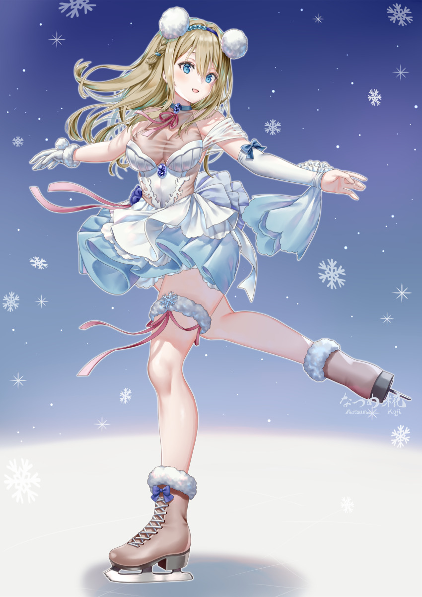 1girl :d absurdres alternate_costume bare_legs bare_shoulders blonde_hair blue_eyes braid brooch figure_skating full_body girls&#039;_frontline girls&#039;_frontline_2:_exilium gloves hair_between_eyes hairband highres ice_skates ice_skating jewelry natsume_koji open_mouth red_ribbon ribbon signature single_braid single_glove skates skating smile snowflakes solo suomi_(girls&#039;_frontline) suomi_(girls&#039;_frontline_2) thigh_strap