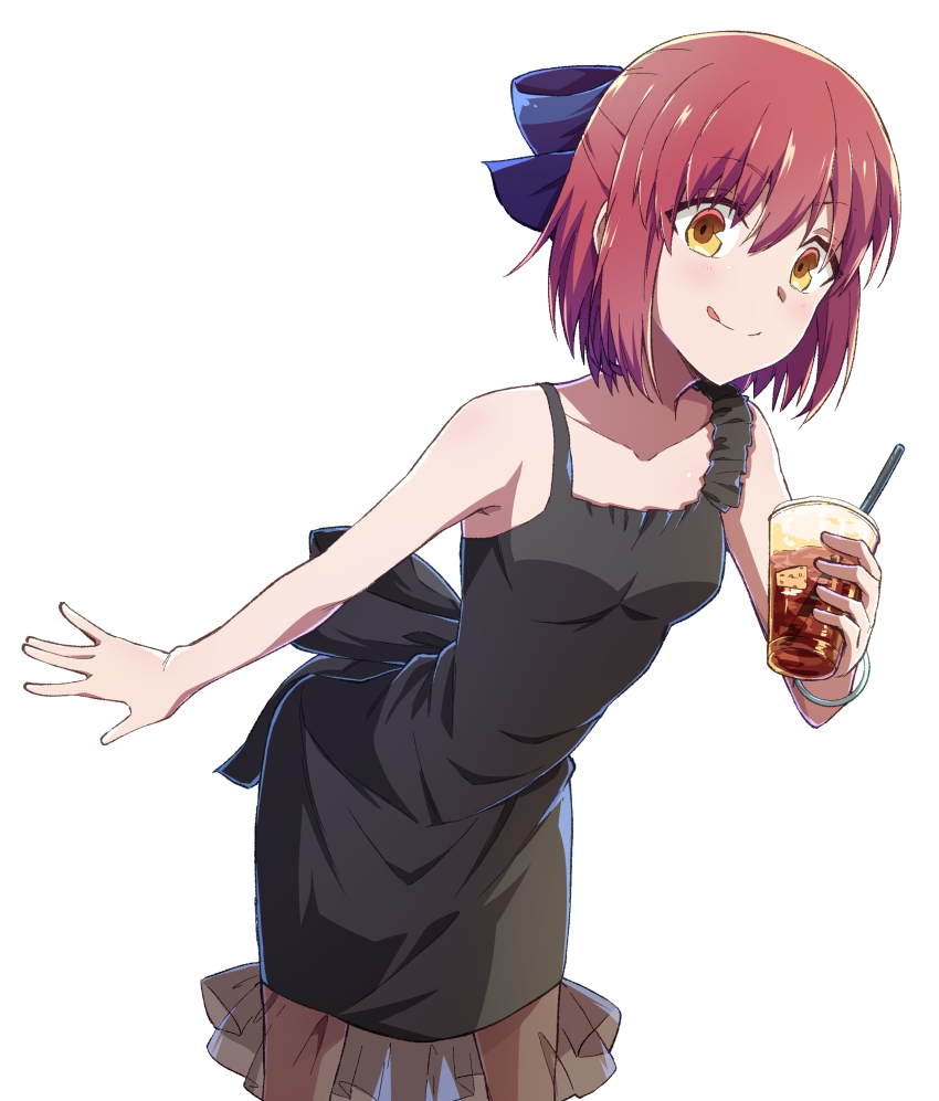 1girl :q absurdres azami_masurao back_bow bare_arms black_bow black_dress blue_bow bow breasts closed_mouth collarbone dress drinking_straw hair_between_eyes hair_bow highres holding kohaku_(tsukihime) leaning_forward medium_hair red_hair simple_background sleeveless sleeveless_dress small_breasts solo standing tongue tongue_out tsukihime white_background yellow_eyes