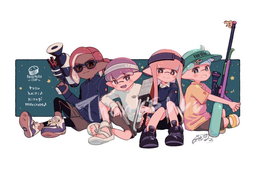 1girl 3boys backwards_hat black_leggings black_shorts blue-framed_eyewear blue_footwear blue_hair blue_hat blue_shirt blue_sweater bright_pupils brown_shorts closed_mouth collared_shirt colored_tongue commentary_request dark-skinned_male dark_skin fang flingza_roller_(splatoon) full_body glasses grin hat headband holding holding_weapon inkling inkling_boy inkling_girl inkling_player_character leggings leggings_under_shorts long_hair looking_at_viewer multiple_boys n-zap_(splatoon) nintendo no_socks open_mouth pink_hair pointy_ears ponytail purple_eyes purple_footwear purple_hair purple_tongue rechain red_eyes red_hair sandals scope shirt shoes short_hair short_sleeves shorts sitting skin_fang smile splat_charger_(splatoon) splatoon_(series) splattershot_(splatoon) suction_cups sweatband sweater tentacle_hair thick_eyebrows visor_cap weapon white_footwear white_headband white_pupils white_shirt yellow_shirt yellow_shoes