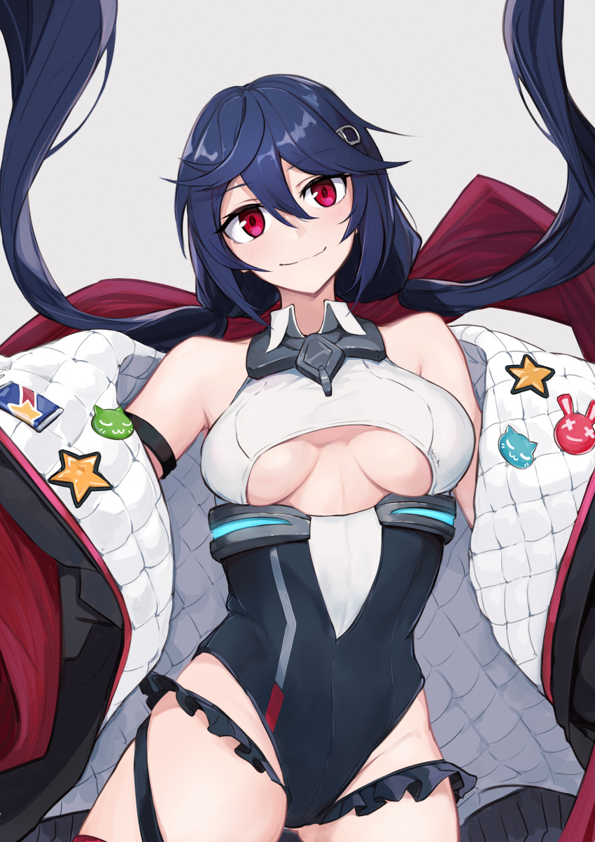 1girl allen_m._sumner_(azur_lane) azur_lane badge bare_shoulders black_coat black_hair black_leotard clothing_cutout coat collared_leotard cowboy_shot frilled_leotard frills highleg highleg_leotard highres leotard low_twintails marshall_k multicolored_leotard open_clothes open_coat rabbit_pin red_eyes smile twintails two-tone_leotard underboob_cutout