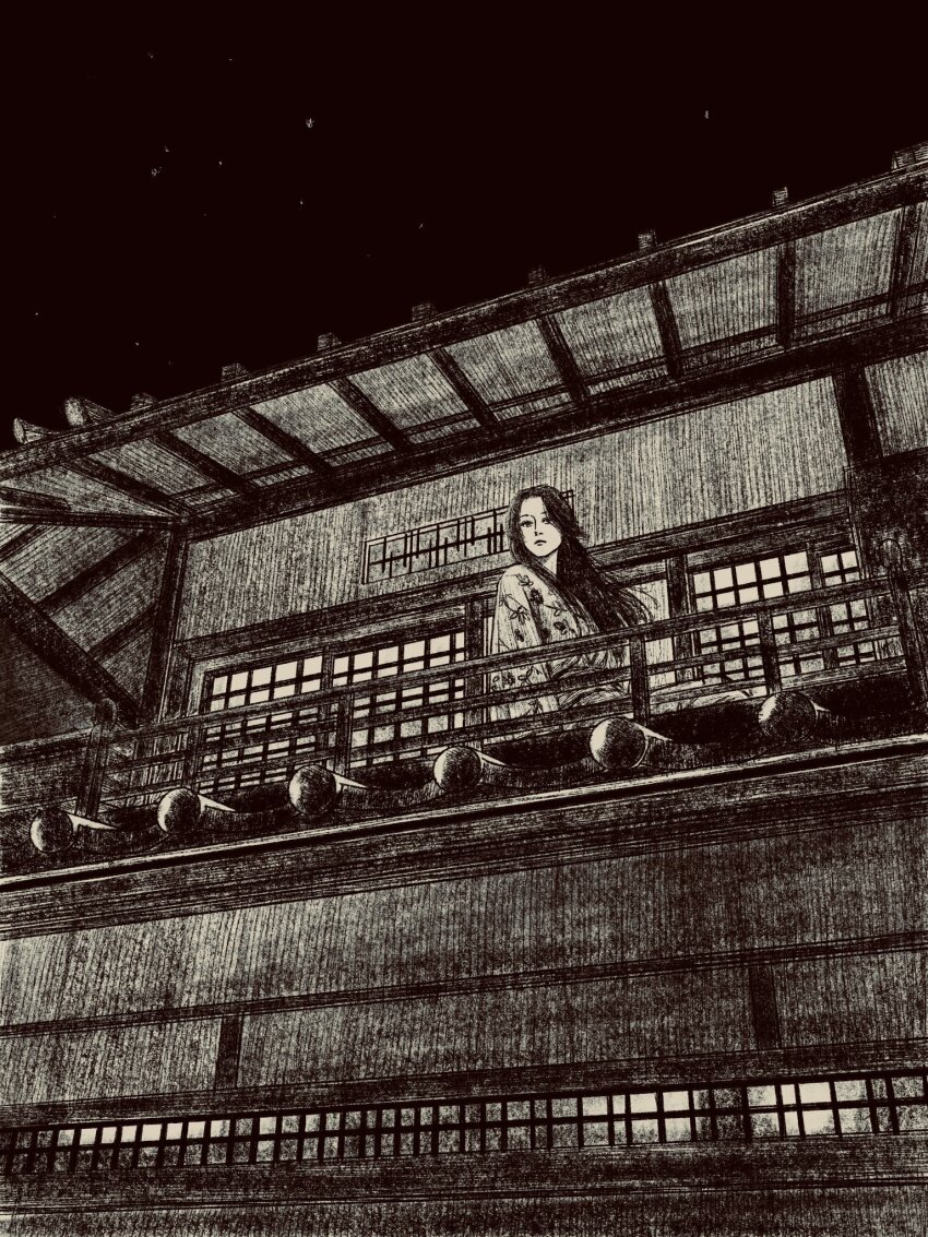 1girl architecture balcony black_hair building east_asian_architecture floral_print greyscale highres japanese_clothes kimono long_hair monochrome night night_sky original sky sliding_doors solo tp_p_pt
