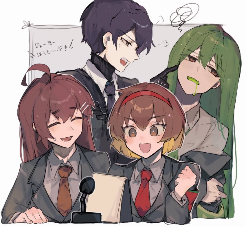 2boys 2girls ahoge ambiguous_green_liquid anger_vein armband black_jacket blazer brown_eyes brown_hair brown_necktie collared_shirt dress_shirt drooling enkephalin_(project_moon) formal_clothes green_armband green_hair green_necktie hair_ornament hairband hairclip highres hod_(project_moon) jacket lapels lobotomy_corporation long_hair malkuth_(project_moon) microphone multiple_boys multiple_girls necktie netzach_(project_moon) oshikyomokawaii project_moon purple_hair red_armband red_necktie shirt short_hair squiggle suit suit_jacket turtleneck yesod_(project_moon)