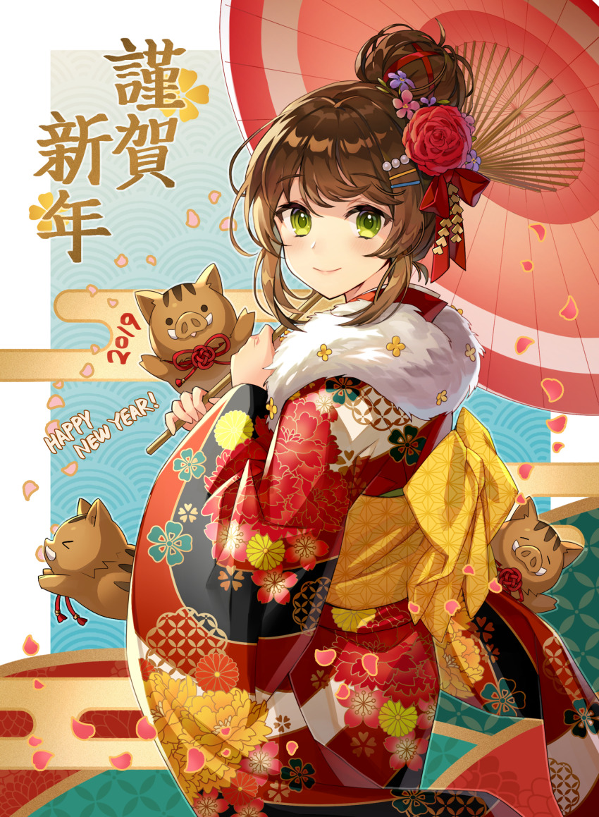 1girl 2019 blush boar brown_hair closed_mouth green_eyes hair_ornament hairclip happy_new_year highres holding holding_umbrella looking_at_viewer new_year nez39 oil-paper_umbrella original short_hair smile solo translation_request umbrella