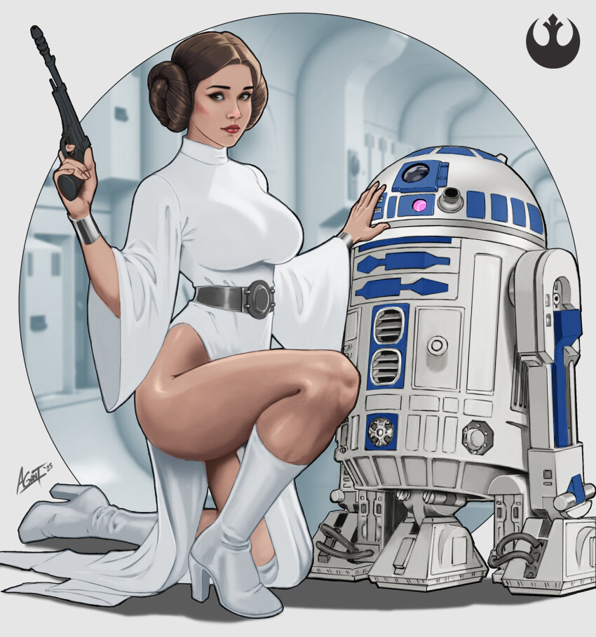 1girl anwar_gant astromech_droid boots breasts brown_eyes brown_hair commentary double_bun dress english_commentary gun hair_bun high_heel_boots high_heels highres hip_bones holding holding_gun holding_weapon large_breasts looking_at_viewer on_one_knee princess_leia r2-d2 robot side_slit signature star_wars star_wars:_a_new_hope weapon white_boots white_dress