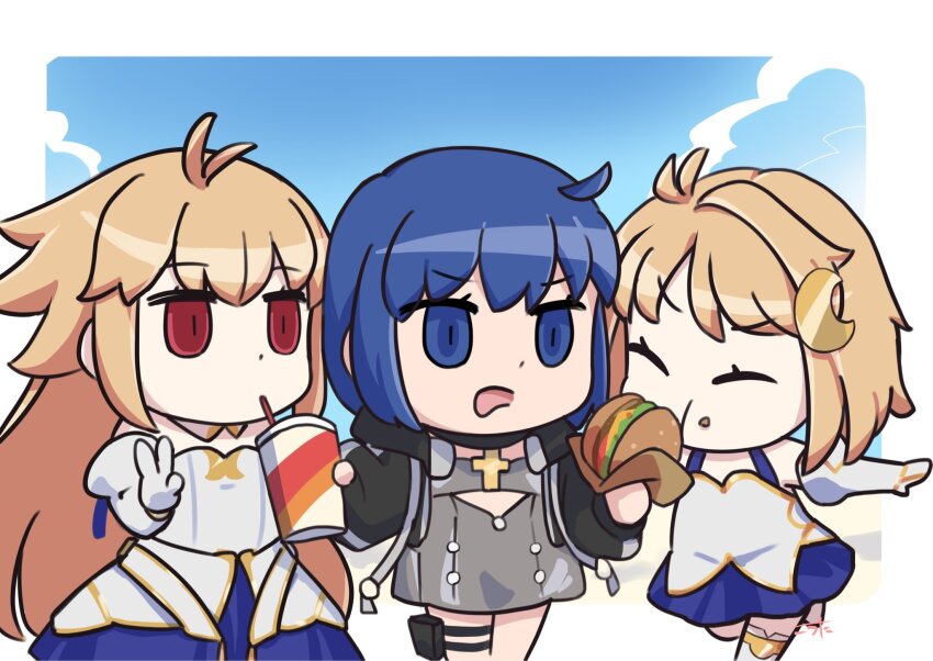 3girls ahoge angry annoyed archetype_earth arcueid_brunestud bare_shoulders black_jacket blonde_hair blue_eyes blue_hair burger c.i.e.l_(fate) c.i.e.l_(first_ascension)_(fate) chibi ciel_(tsukihime) crescent crescent_hair_ornament cross cross_necklace cup detached_sleeves dress drinking_straw drinking_straw_in_mouth dual_persona eating expressionless fate/grand_order fate_(series) food gold_trim hair_ornament highres holding holding_cup jacket jewelry kouta_(kesigomutopen) long_hair magical_girl multiple_girls necklace open_mouth phantas-moon red_eyes riyo_(lyomsnpmp)_(style) swimsuit tsukihime tsukihime_(remake) v vampire very_long_hair white_dress
