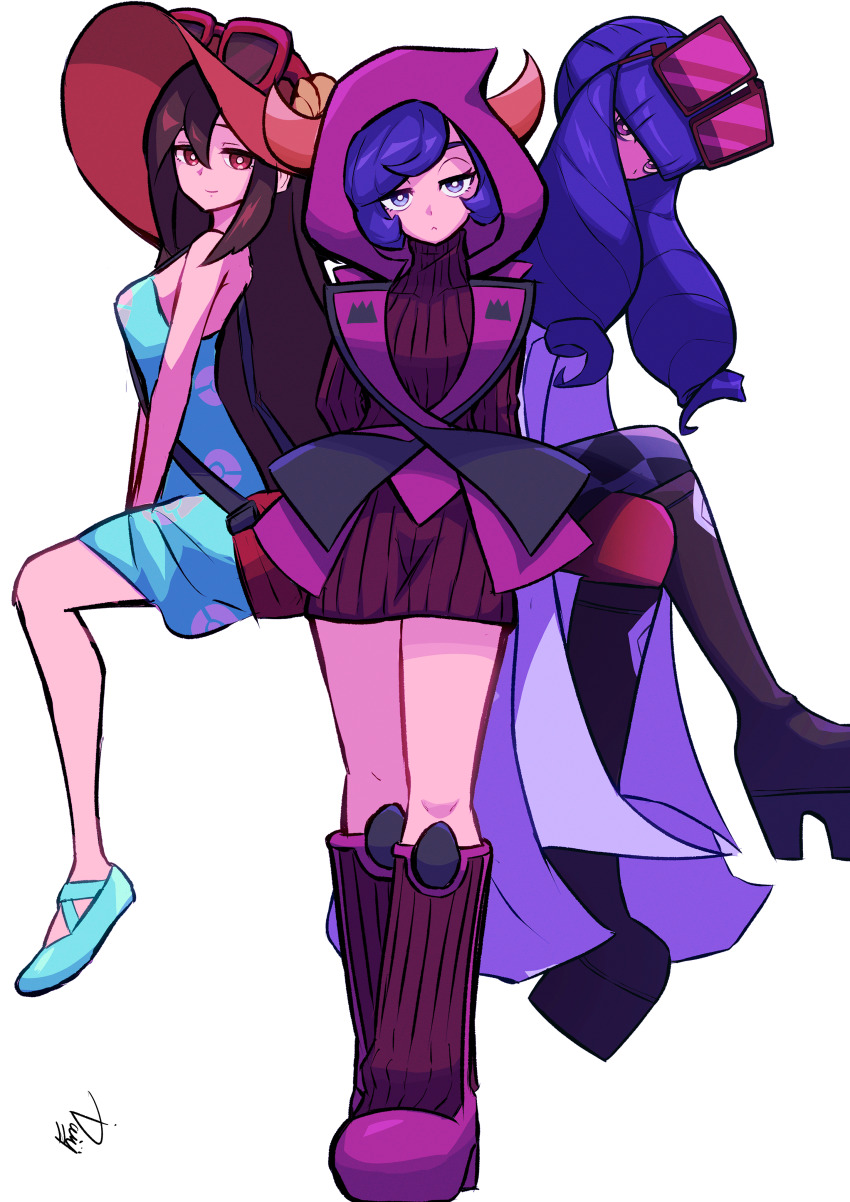 3girls absurdres black_footwear blue_dress blue_footwear boots brown_eyes brown_hair brown_headwear closed_mouth courtney_(pokemon) dress drill_hair eyewear_on_head eyewear_on_headwear hair_between_eyes hat highres hood hooded_vest hoodie horned_hood horns ida_(idalol490) long_hair looking_at_viewer multiple_girls nintendo platform_footwear pokemon pokemon_masters_ex pokemon_oras pokemon_sm purple_eyes purple_hair rachel_(pokemon) red-framed_eyewear red_dress red_footwear ribbed_dress ribbed_sweater short_hair sightseer_(pokemon) sleeveless sleeveless_dress strapless strapless_dress sun_hat sunglasses sweater sweater_dress twin_drills vest white_background