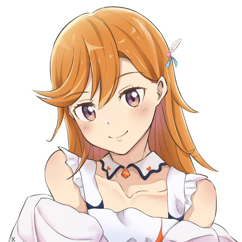 1girl blush closed_mouth collarbone commentary_request detached_collar hajimari_wa_kimi_no_sora highres looking_at_viewer love_live! love_live!_superstar!! medium_hair orange_hair purple_eyes shibuya_kanon smile soil_jp solo upper_body white_background