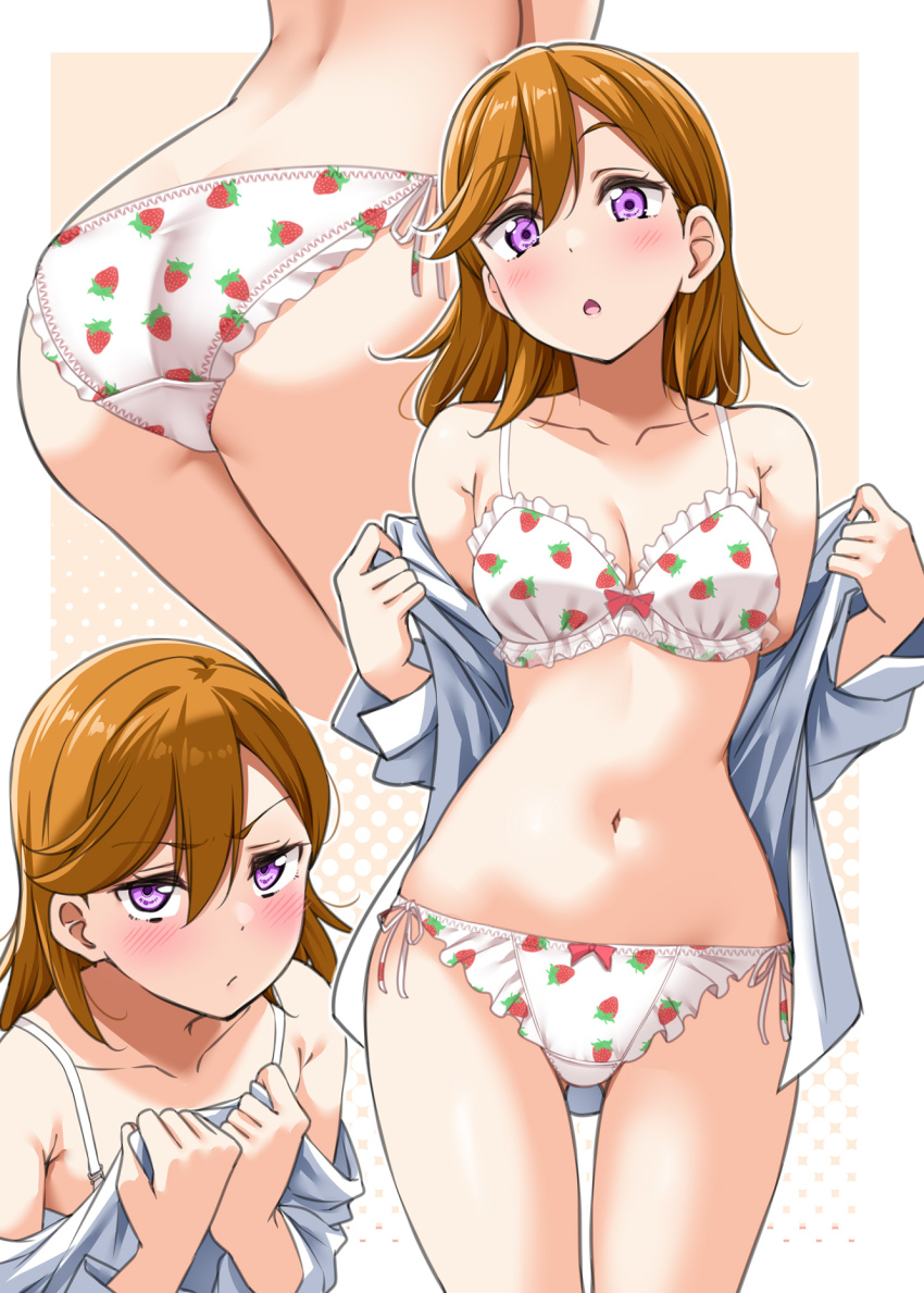 1girl ass back bare_shoulders blush bra breasts cleavage collarbone commentary_request covering_chest covering_privates embarrassed food_print fruit_print highres leaning_forward long_hair long_sleeves looking_at_viewer love_live! love_live!_superstar!! medium_breasts multiple_views navel no_pants open_mouth orange_hair panties pout purple_eyes removing_shirt shibuya_kanon shirt simple_background solo strawberry_print underwear undressing white_shirt yopparai_oni