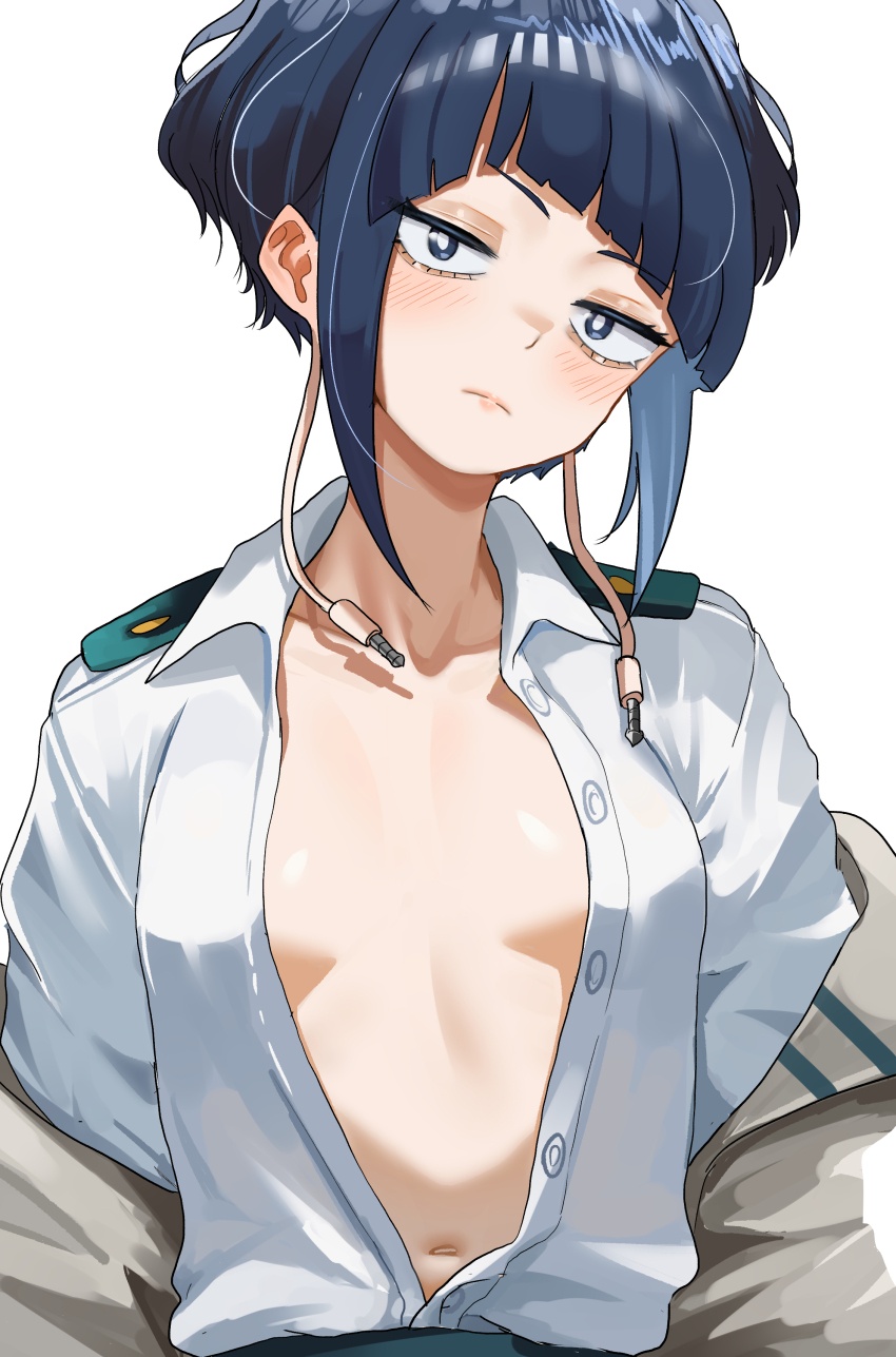 1girl absurdres audio_jack black_eyes black_hair blunt_bangs boku_no_hero_academia breasts closed_mouth collared_shirt head_tilt highres jiro_kyoka light_blush linea_alba long_earlobes looking_at_viewer navel no_bra school_uniform shirt shirt_tucked_in short_hair sidelocks simple_background small_breasts solo u.a._school_uniform white_background white_shirt zd_(pixiv6210083)