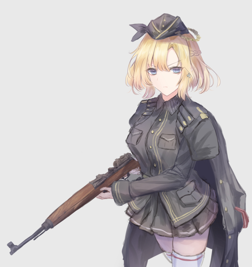 1girl absurdres black_hat black_jacket black_shirt black_skirt blonde_hair blue_eyes braid breasts closed_mouth commentary cross cross_earrings earrings french_braid g43_(girls&#039;_frontline) gewehr_43 girls&#039;_frontline gun hat highres holding holding_gun holding_weapon iron_cross jacket jacket_on_shoulders jewelry large_breasts light_frown long_sleeves looking_at_viewer martinreaction military military_hat military_uniform rifle scope shirt short_hair simple_background skirt solo thighhighs v-shaped_eyebrows weapon white_background white_thighhighs