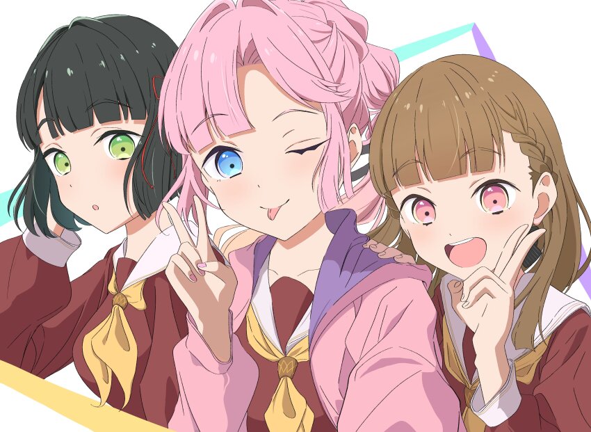 3girls :d :o ;) ;p absurdres anyoji_hime black_bow black_hair black_ribbon blonde_hair blue_eyes blunt_bangs blunt_ends bob_cut bow braid brown_dress brown_hair center-flap_bangs commentary dress gradient_hair green_eyes hair_bow hair_intakes hair_ribbon hashtag-only_commentary hasu_no_sora_school_uniform highres hood hooded_jacket jacket kachimachi_kosuzu link!_like!_love_live! long_hair long_sleeves looking_at_viewer love_live! momose_ginko morio_(mmorio_mu) multi-tied_hair multicolored_hair multiple_girls neckerchief one_eye_closed open_clothes open_jacket open_mouth parted_lips pink_eyes pink_hair pink_jacket ponytail ribbon sailor_collar sailor_dress school_uniform short_hair side_braids sidelocks smile straight_hair swept_bangs teeth tongue tongue_out upper_body upper_teeth_only virtual_youtuber white_background white_sailor_collar winter_uniform yellow_neckerchief