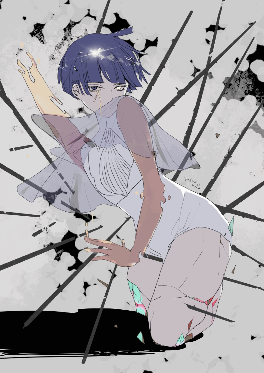 1other absurdres amputee androgynous ascot blue_eyes blue_hair bodysuit bowl_cut broken crack cracked_skin crying crying_with_eyes_open crystal_hair glint gold golden_arms heterochromia high_collar highres houseki_no_kuni injury kneeling leaning leaning_to_the_side liquid looking_at_viewer melting minorun_(kurome) molten_metal other_focus phosphophyllite phosphophyllite_(gemstone) phosphophyllite_(ll) see-through_clothes see-through_sleeves shards short_hair short_shorts shorts solo sparkle straight_hair tears white_ascot white_bodysuit white_eyes wide_sleeves wing_collar