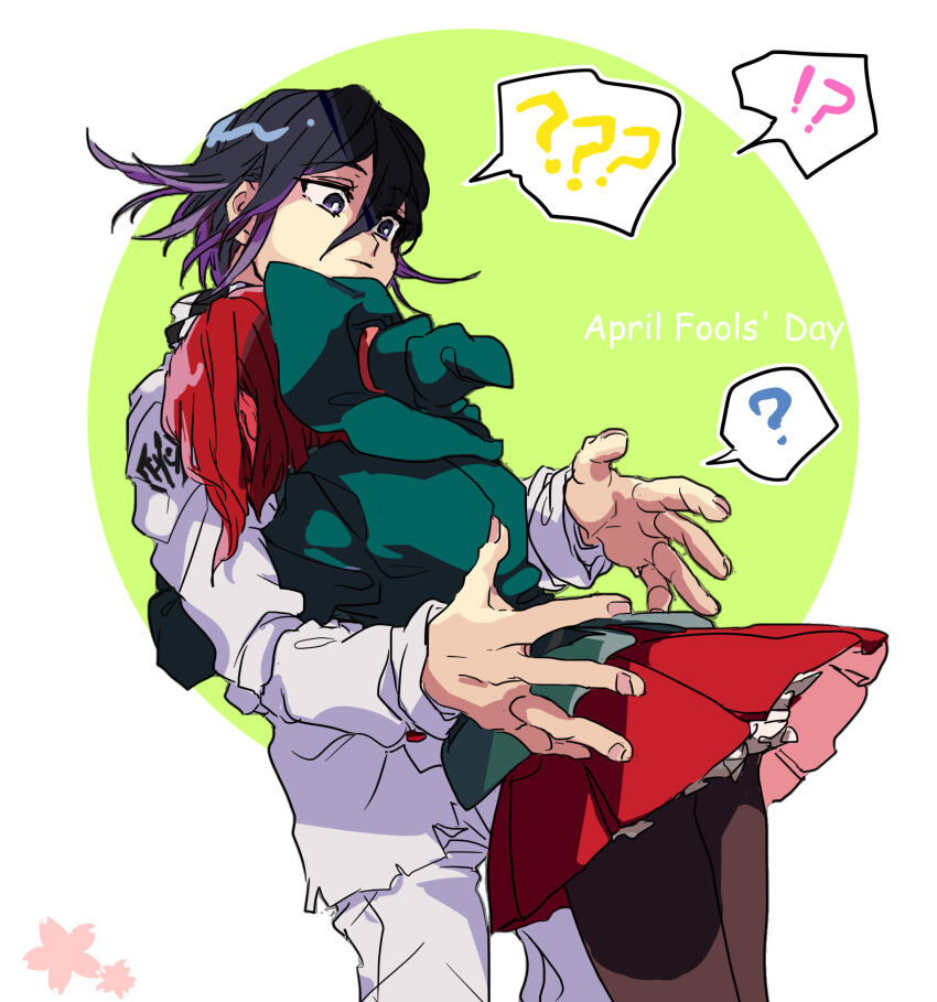 !? 1boy 1girl ? april_fools arm_belt black_hair black_jacket blush buttons checkered_clothes checkered_scarf collared_jacket confused danganronpa_(series) danganronpa_v3:_killing_harmony ear_blush flipped_hair from_side hair_between_eyes hat hat_belt hetero highres hug jacket long_sleeves male_focus mi_cha_iru oma_kokichi pants pantyhose pleated_skirt purple_eyes purple_hair red_hair red_skirt scarf school_uniform short_hair simple_background skirt spoken_question_mark straitjacket two-tone_scarf witch_hat yumeno_himiko