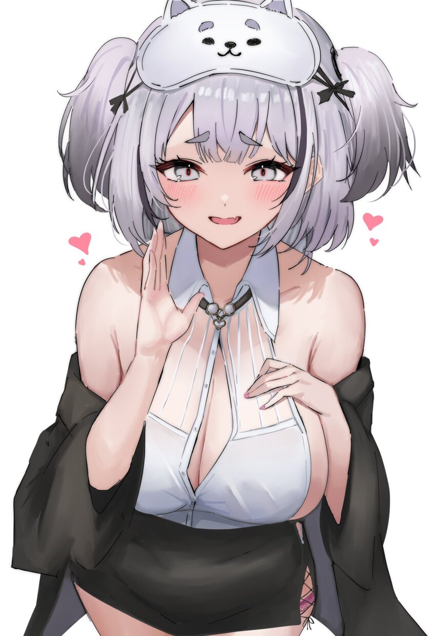 1girl aqua_eyes azur_lane black_hair black_jacket black_skirt black_streaks blush breasts cleavage commentary_request eye_mask fang gradient_hair grey_hair heart highres jacket large_breasts leaning_forward looking_at_viewer mask mask_on_head miniskirt multicolored_hair off_shoulder official_alternate_costume open_clothes open_jacket open_mouth shirt short_eyebrows sideless_shirt simple_background skin_fang skirt sleep_mask sleeveless sleeveless_shirt smile solo soul_(dp11) thick_eyebrows two_side_up white_background white_shirt z13_(azur_lane) z13_(strategic_date_solution)_(azur_lane)
