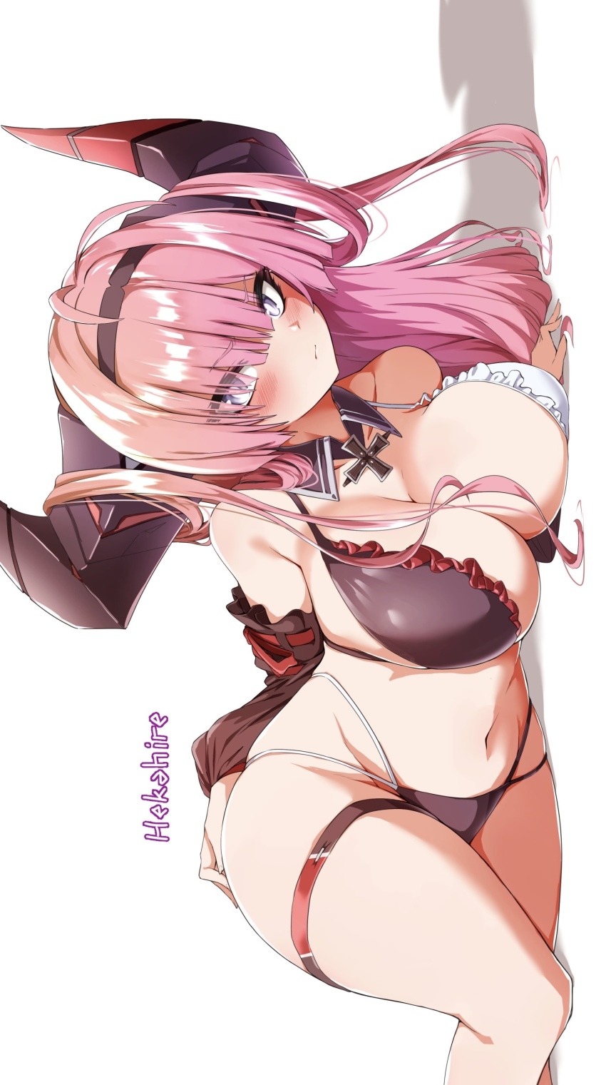 1girl absurdres alternate_breast_size azur_lane bikini black_bikini black_hairband blunt_bangs blush breasts bright_pupils commentary_request cross detached_collar detached_sleeves embarrassed frilled_bikini frills groin hair_over_eyes hairband hekahire_isurus highres horns huge_horns iron_cross large_breasts long_horns looking_at_viewer midriff multi-strapped_bikini_bottom multicolored_bikini navel pink_hair prinz_rupprecht_(azur_lane) purple_eyes solo swimsuit thigh_strap two-tone_bikini white_bikini white_pupils
