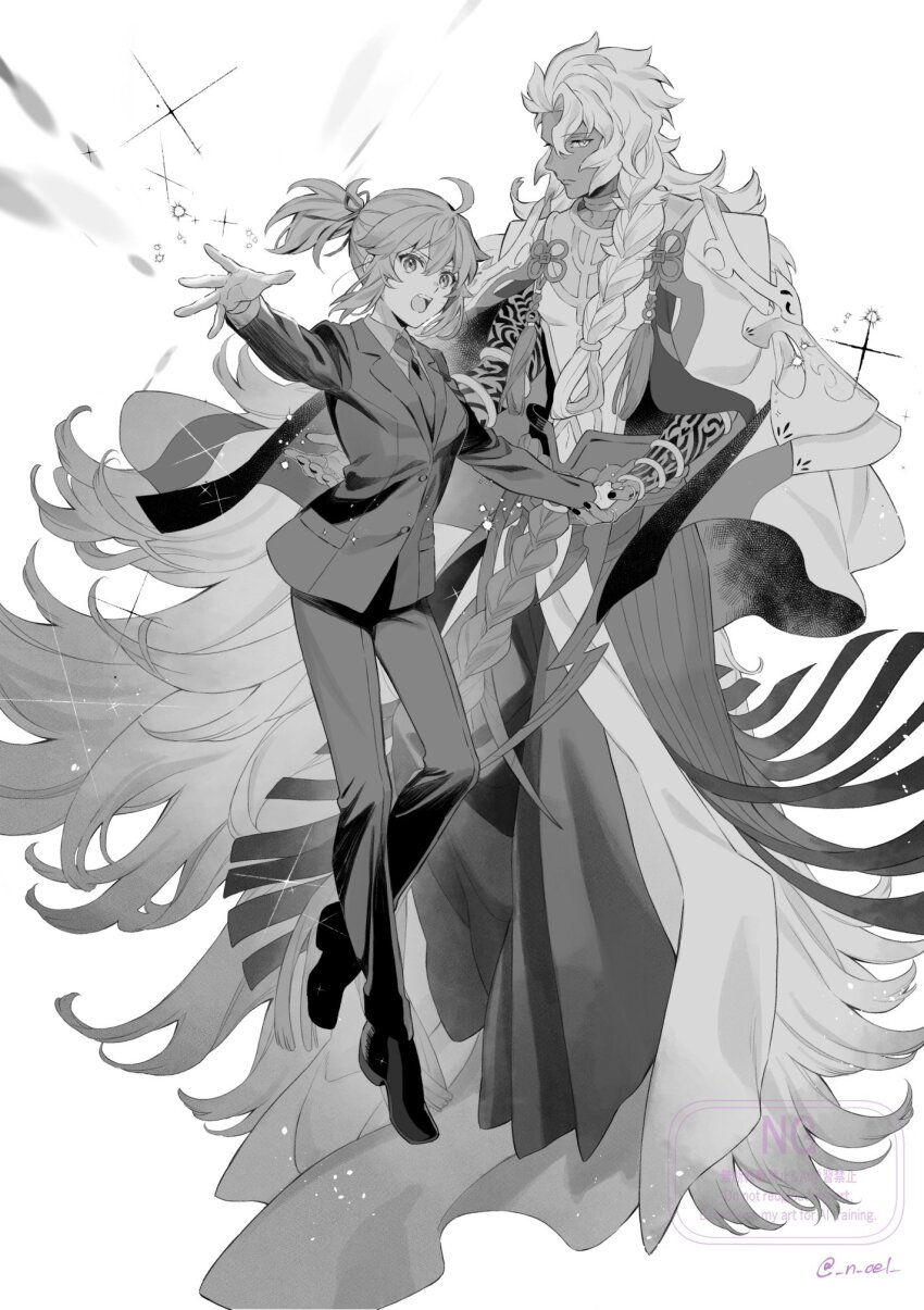 1boy 1girl :o ahoge arm_tattoo artist_name bracelet braid closed_mouth collared_shirt commentary dark-skinned_male dark_skin fate/grand_order fate_(series) flower_knot formal_clothes frown fujimaru_ritsuka_(female) fujimaru_ritsuka_(female)_(royal_brand) full_body greyscale hair_between_eyes hair_over_shoulder hair_ribbon hakama hakama_pants hand_tattoo highres holding_hands jacket japanese_clothes jewelry lapels long_hair long_sleeves medium_hair monochrome multiple_rings n_oel neck_ring necktie notched_lapels open_mouth pants ponytail reaching reaching_towards_viewer ribbon ring shirt shoes simple_background single_braid sleeveless sleeveless_shirt solomon_(fate) sparkle suit tassel tattoo thumb_ring twitter_username very_long_hair watermark wing_collar