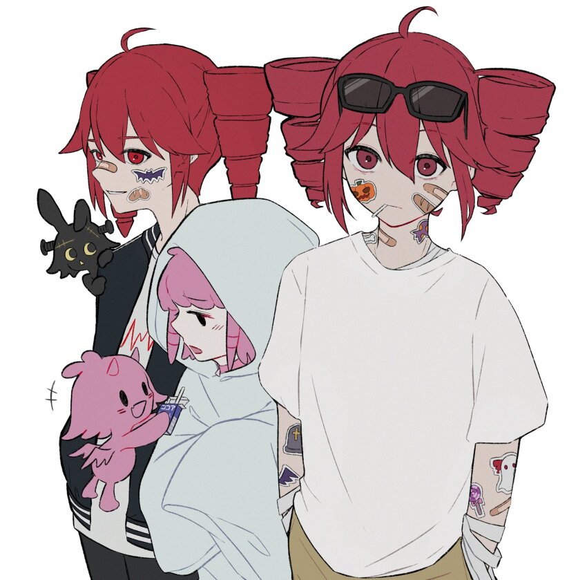 +++ 3girls ahoge alternate_costume bandaged_arm bandages bandaid bandaid_on_cheek bandaid_on_face bandaid_on_nose black_jacket black_pants brown_pants candy chiccha_na_watashi_(synthesizer_v) commentary_request cowboy_shot creator_connection creature drill_hair eyewear_on_head food ghost_costume grin halloween_costume hands_in_pockets highres jacket kasane_teto letterman_jacket liar_dancer_(synthesizer_v) lollipop looking_at_viewer mouth_hold multiple_girls musekinin_shuugoutai_(synthesizer_v) pants pink_hair red_eyes red_hair shirt short_hair short_sleeves simple_background smile songover standing sticker_on_face sunglasses t-shirt tete_(rip_gnkr39) twin_drills ultra_trailer_(synthesizer_v) utau white_shirt