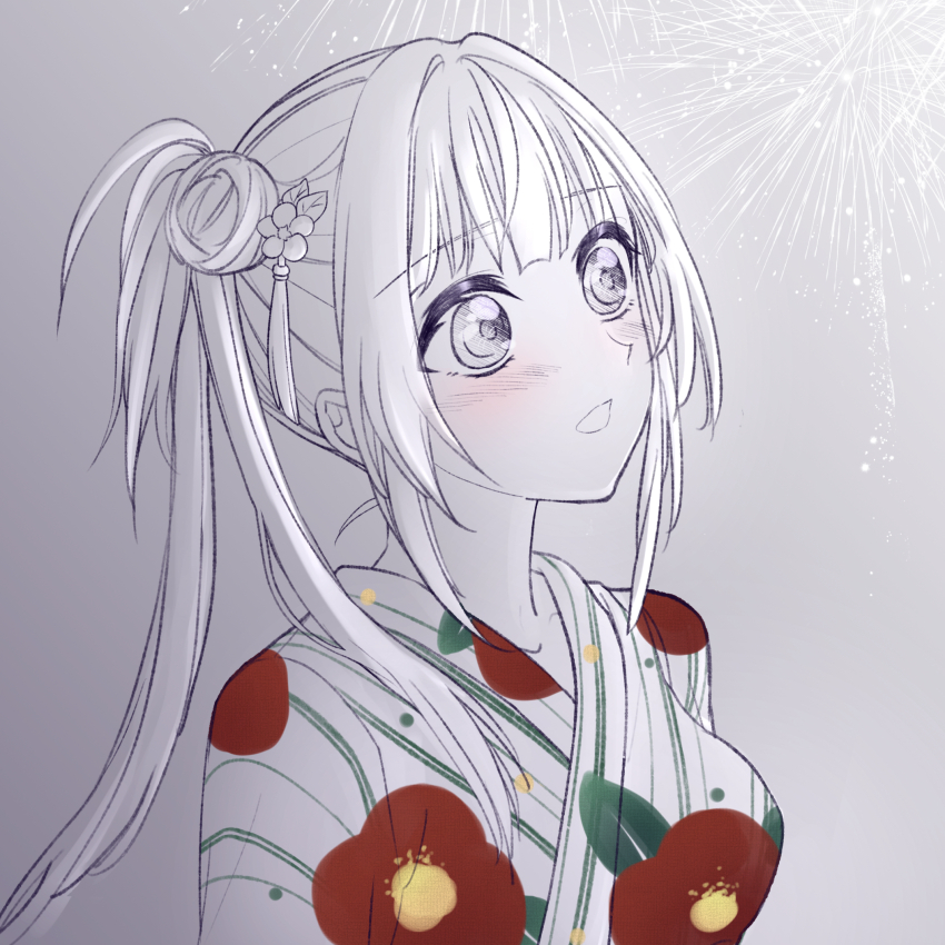 1girl aegis_zan awestruck blush breasts camellia_print commentary floral_print floral_print_kimono flower gradient_background grey_background greyscale hair_bun hair_flower hair_ornament highres japanese_clothes kimono link!_like!_love_live! lone_nape_hair long_hair looking_up love_live! medium_breasts monochrome open_mouth otomune_kozue print_kimono side_ponytail sidelocks single_side_bun solo spot_color tassel tassel_hair_ornament virtual_youtuber yukata