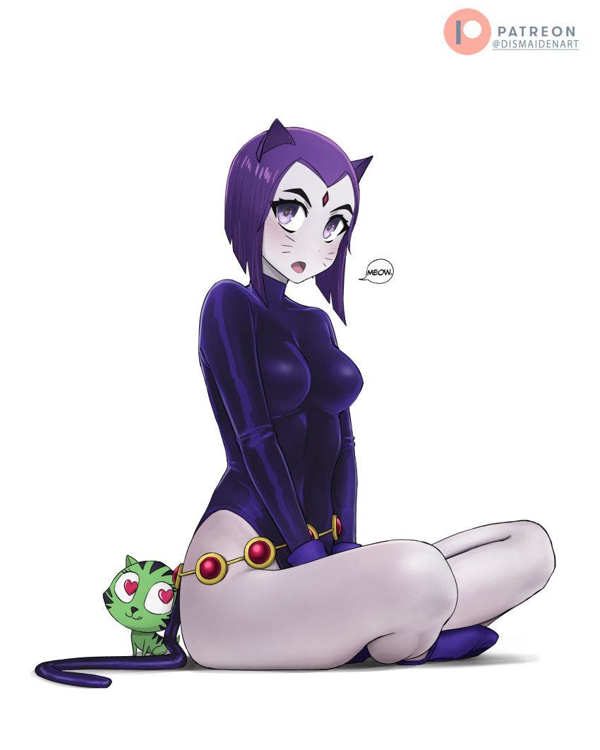 1girl absurdres animal_ears bare_legs beast_boy_(dc) belly_chain breasts cat cat_ears cat_girl cat_tail colored_skin commentary dc_comics dismaiden english_commentary facial_mark forehead_jewel grey_skin heart heart-shaped_pupils highleg highleg_leotard highres jewelry leotard medium_breasts on_ground patreon_logo purple_eyes purple_hair purple_leotard raven_(dc) short_hair sitting sleeved_leotard speech_bubble symbol-shaped_pupils tail teen_titans whisker_markings