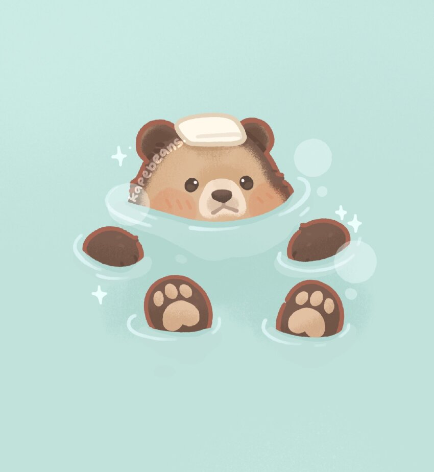 animal animal_focus bear black_eyes bright_pupils brown_bear closed_mouth highres kapebeansies looking_ahead no_humans original partially_submerged pawpads ripples signature simple_background solo steam towel towel_on_head white_pupils