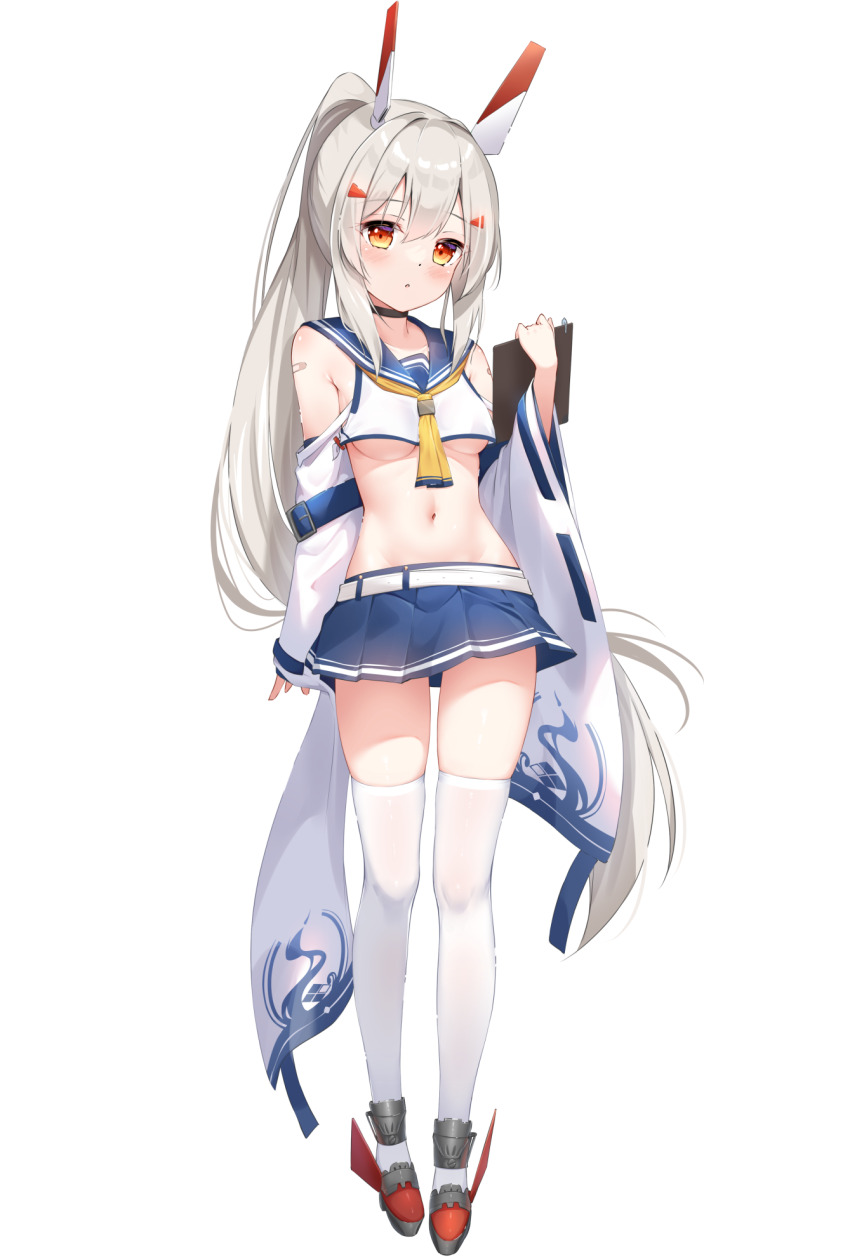 1girl arm_behind_back ayanami_(azur_lane) ayanami_(retrofit)_(azur_lane) azur_lane bandaid bandaid_on_arm bandaid_on_shoulder bare_shoulders blonde_hair blue_skirt blush breasts crop_top detached_sleeves full_body groin hair_between_eyes hair_ornament hairclip hand_up headgear highres holding legs long_hair looking_at_viewer medium_breasts midriff miniskirt navel neckerchief no_bra open_mouth orange_hair parted_lips pleated_skirt ponytail red_eyes retrofit_(azur_lane) rudder_footwear sailor_collar school_uniform serafuku shirt sironora skindentation skirt solo standing thighhighs thighs underboob very_long_hair white_shirt wide_sleeves yellow_neckerchief