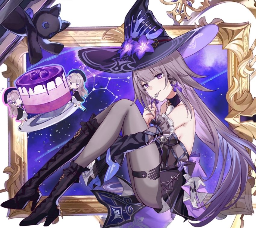3girls bare_shoulders black_boots black_choker black_dress black_hat boots choker dress fork grey_hair grey_pantyhose hat herta_(honkai:_star_rail) high_heel_boots high_heels highres holding holding_fork honkai:_star_rail honkai_(series) knees_up long_hair mini_person minigirl multiple_girls pantyhose purple_eyes saint_laurent_paris sitting smile the_herta_(honkai:_star_rail) very_long_hair witch_hat