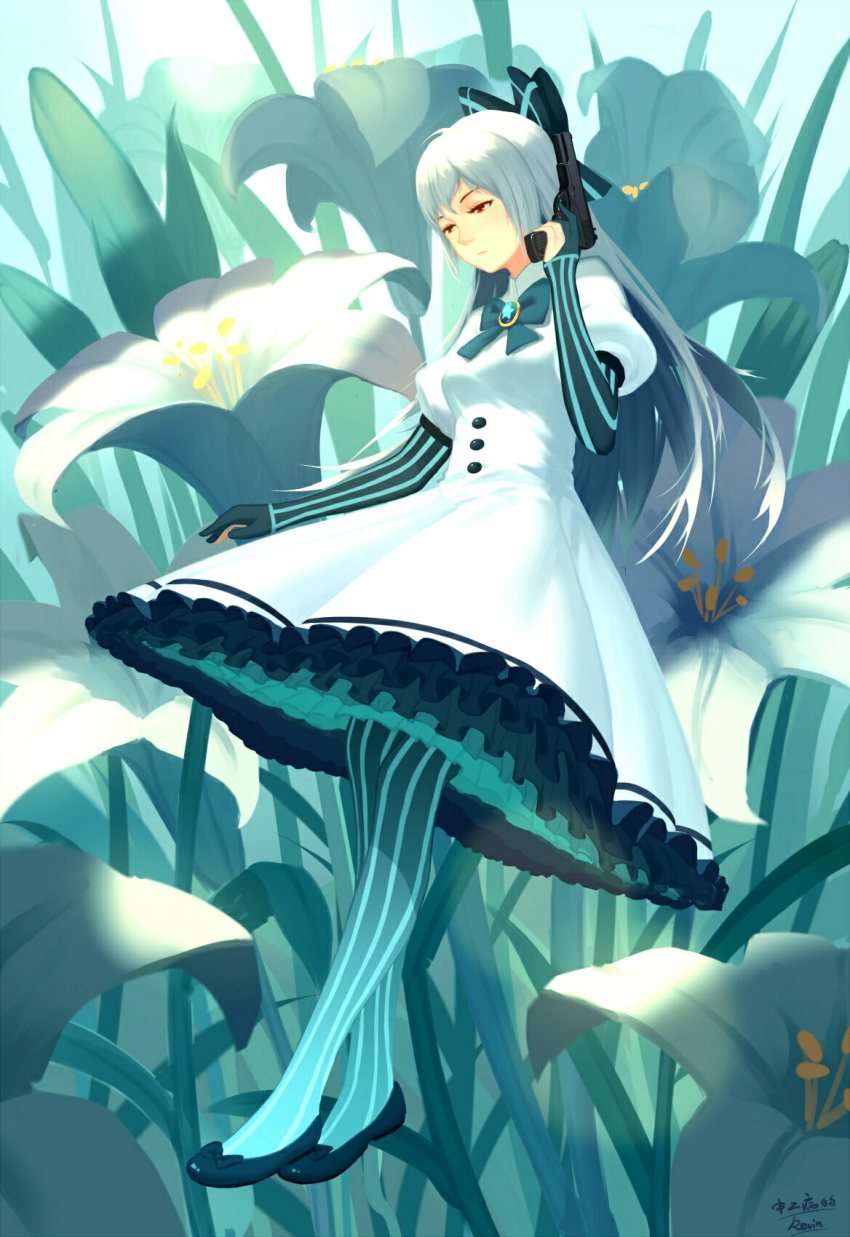 1girl angry aqua_pantyhose buttons choker day dress female_focus flats flower footwear_bow full_body garden girls&#039;_frontline gloves gun hair_ribbon handgun highres lily_(flower) long_sleeves pantyhose ribbon ribbon_choker ribbon_shoes solo striped_clothes striped_gloves striped_pantyhose thighhighs tokarev_(girls&#039;_frontline) tokarev_tt-33 vertical-striped_clothes vertical-striped_gloves vertical-striped_pantyhose weapon white_hair