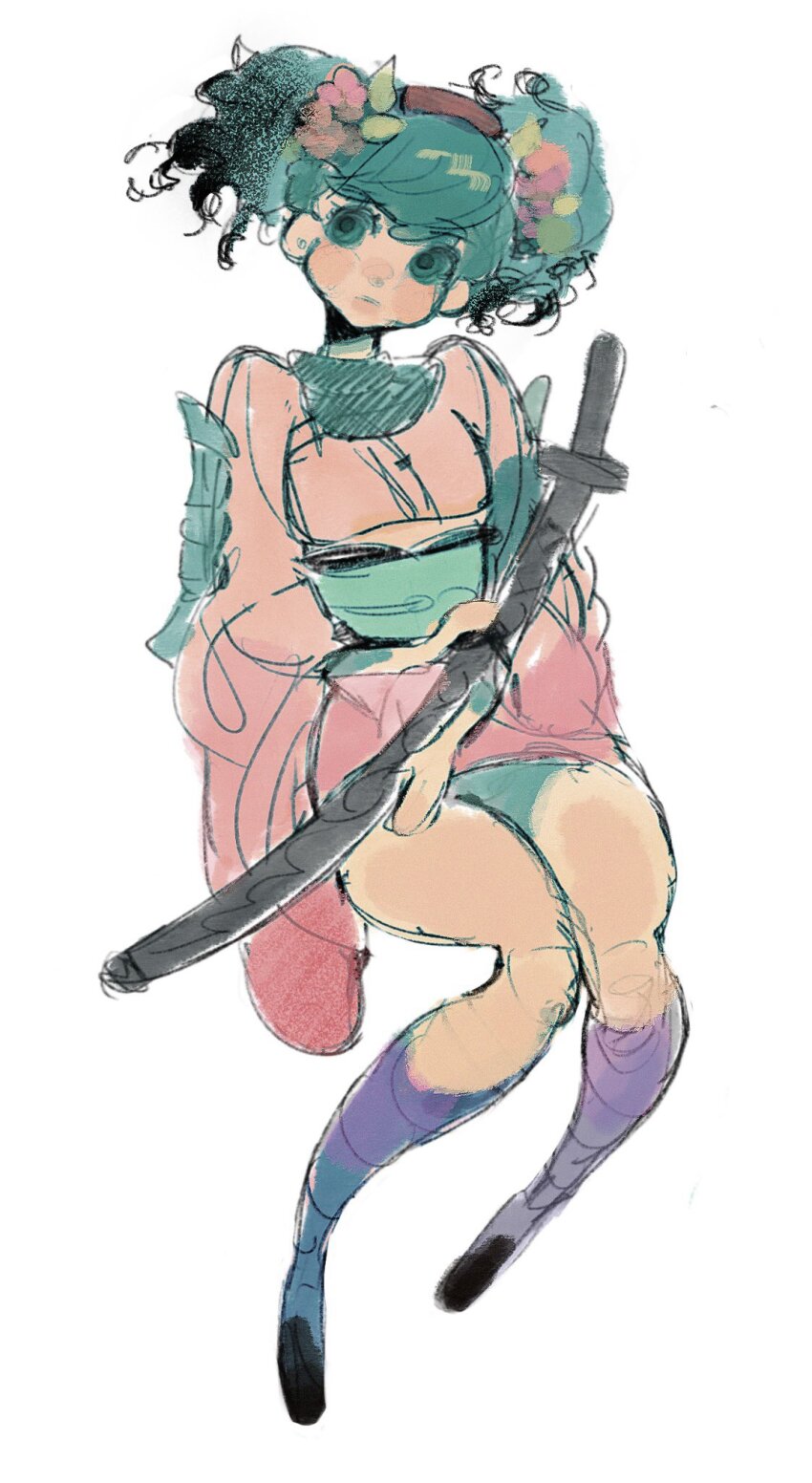 1girl aqua_sash black_shoes blue_eyes blue_hair blue_panties blue_scarf blush_stickers brown_hairband flower full_body hair_flower hair_ornament hairband highres holding holding_sword holding_weapon japanese_clothes katana kimono kissingbrig kneehighs leaf leaf_on_head long_sleeves looking_at_viewer momohime oboro_muramasa panties parted_lips pink_flower pink_kimono purple_socks scabbard scarf sheath shoes short_hair short_kimono short_twintails socks solo sword twintails underwear weapon white_background wide_sleeves