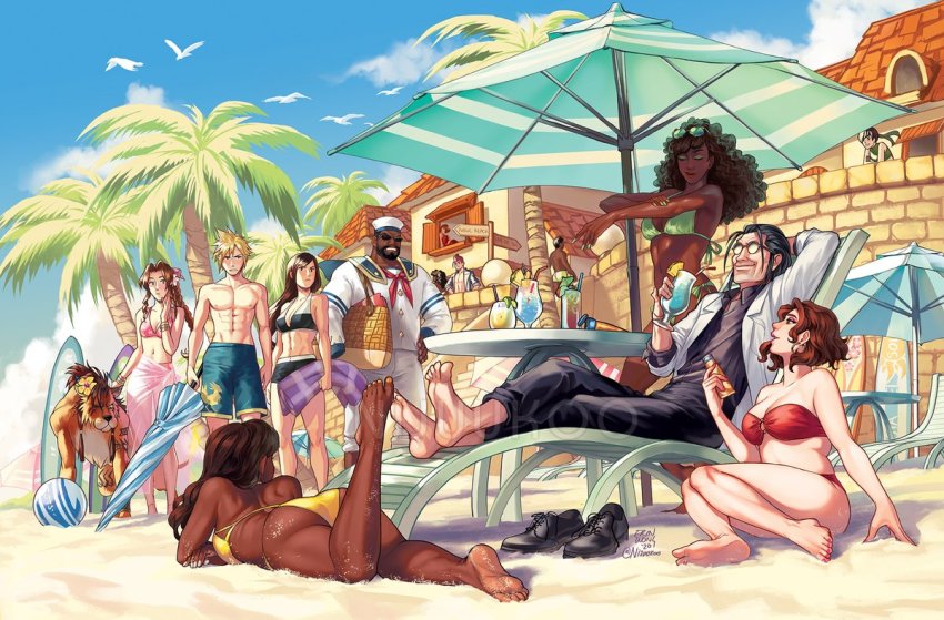 abs aerith_gainsborough animal_print annoyed ass barret_wallace beach beach_chair bikini blue_male_swimwear blue_sky blue_swim_trunks chicken_print cloud_strife cocktail_glass costa_del_sol cup dark-skinned_male dark_skin day drinking_glass final_fantasy final_fantasy_vii hat johnny_(ff7) male_swimwear multiple_boys multiple_girls nijuuni print_male_swimwear print_swim_trunks print_swimsuit professor_houjou red_xiii relaxing sailor_collar sailor_hat sarong signature sky smile sunglasses swim_trunks swimsuit tifa_lockhart twitter_username yuffie_kisaragi