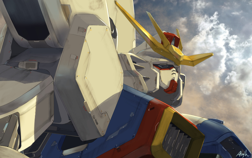 after_war_gundam_x artist_name atsajh black_eyes close-up gundam gundam_x highres looking_up mecha no_humans robot science_fiction sky solo v-fin