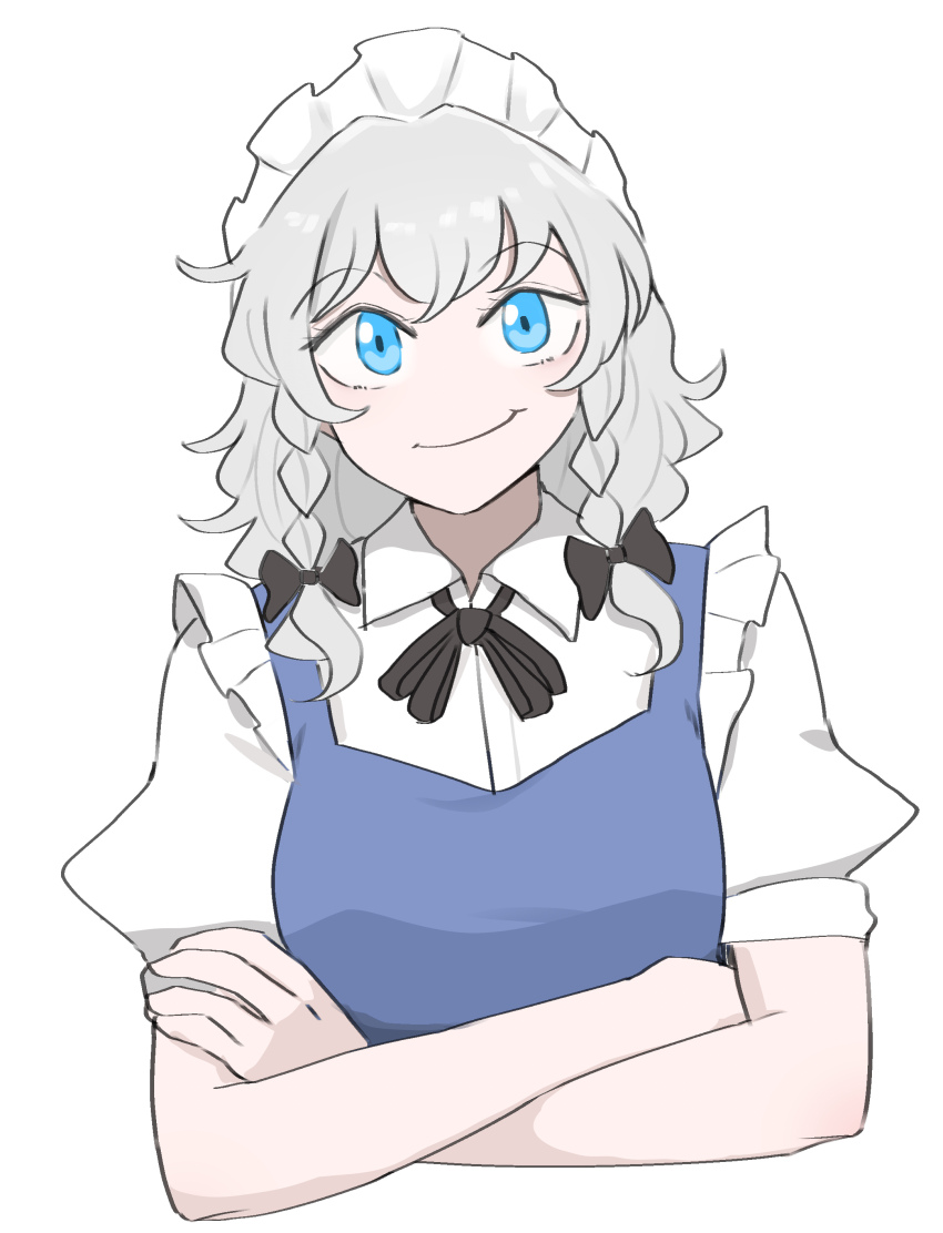 1girl absurdres black_bow black_ribbon bow braid collared_shirt cropped_torso crossed_arms grey_hair hair_bow highres izayoi_sakuya long_hair looking_at_viewer maid maid_headdress mata_(matasoup) meme neck_ribbon people_with_blue_eyes_(meme) ribbon shirt simple_background solo touhou twin_braids white_background white_headdress white_shirt